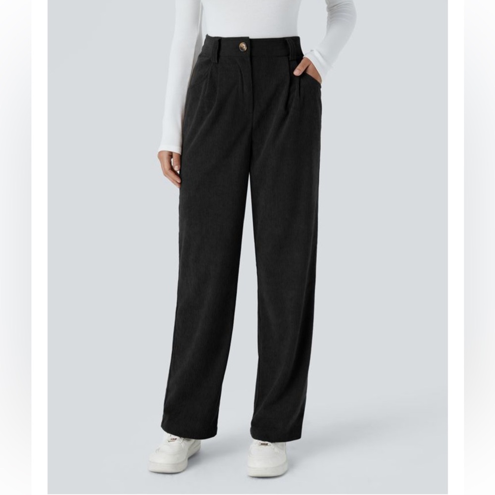 Halara High Waisted Zipper Pocket Classic Corduroy Casual Black Pants Size L